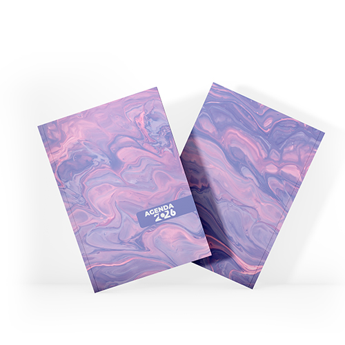 Agenda 2026 tamanho 15x21cm com capa dura em papel empastada com cartão e debrú laminação Prolan, lombada quadrada e miolo pronto
